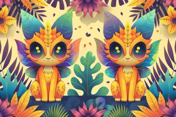 Fototapeta premium Adorable Fantasy Creatures in a Lush Garden