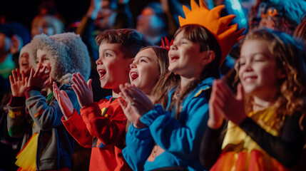 Kids showcasing their homemade costumes on a makeshift stage, the audience clapping and cheering, left third copy space. Creation, Joy, Magnificence