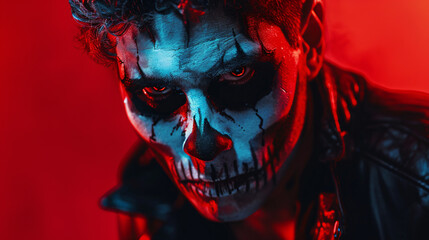 Rocker with skull makeup is posing under red light for halloween