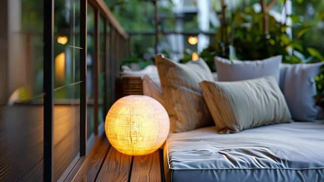 Step out onto your own personal balcony sanctuary complete with a plush daybed and an abundance of textured throw pillows. A glowing lantern adds a touch of warmth to the peaceful ambience.