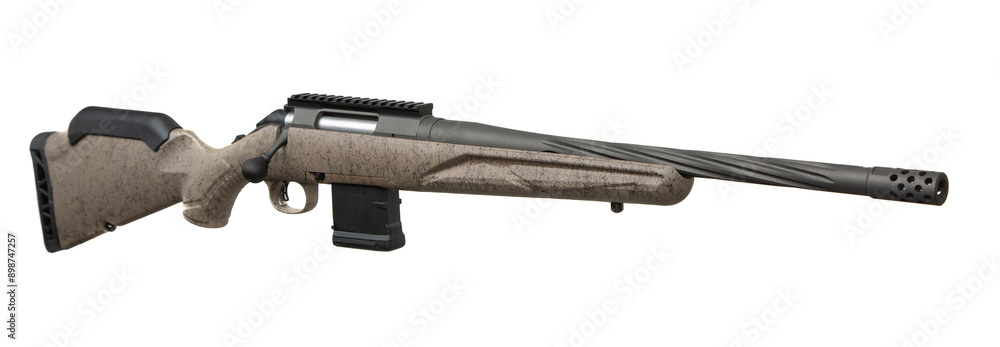 Wall mural Modern brown bolt carbine isolated on white back. Weapons for sports, hunting and self-defense.