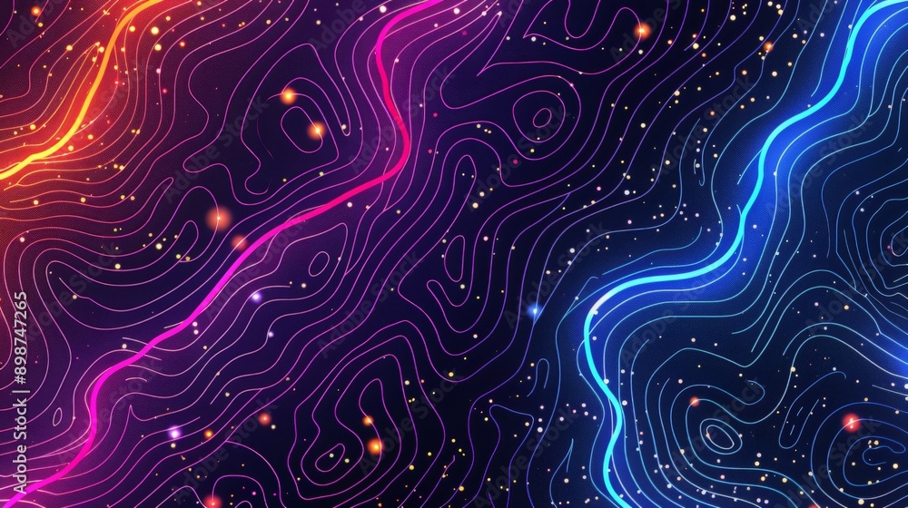 Poster dark background with glowing lines forming a topographic map pattern, accented with sparkling partic