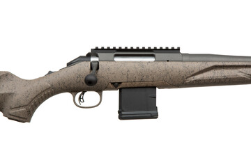 Modern brown bolt carbine isolated on white back. Weapons for sports, hunting and self-defense.