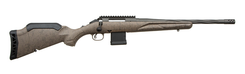 Modern brown bolt carbine isolated on white back. Weapons for sports, hunting and self-defense.