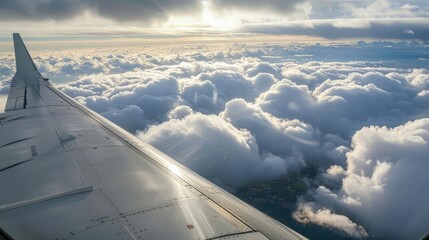 Clouds seen from above an airplane wing, high altitude travel, aerial clouds