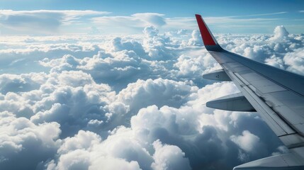 Fototapeta premium Clouds seen from above an airplane wing, high altitude travel, aerial clouds