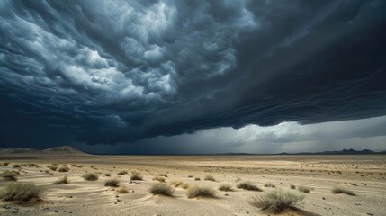 Dark storm clouds gathering over a desert, contrast between sky and land, desert storm