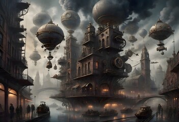 Obraz premium Intricate steampunk cityscape featuring airships and towering structures with a blend of vintage and futuristic elements, Generative AI.