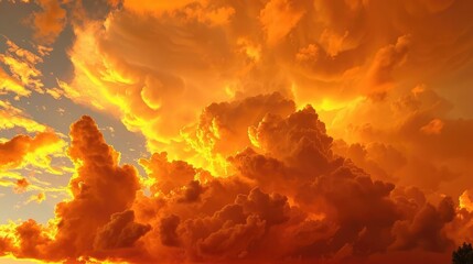 Naklejka premium Puffy clouds in a bright orange sunset sky, bold and vibrant colors, sunset glow