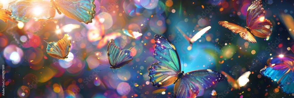 Aufkleber shimmering iridescent butterflies and leaves float in a dreamy, colorful, bokeh background with a tr