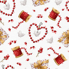 Seamless pattern with decorative decoration in the form of heart, beads, gift box, red berries. Ideal for packaging, wrapping paper, wallpaper, textiles, fabric, bedding