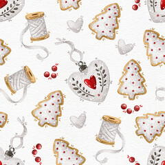 Seamless pattern with decoration on Christmas tree, white ribbons and Christmas cookies. Ideal for packaging, wrapping paper, wallpaper, textiles, fabric, bedding.