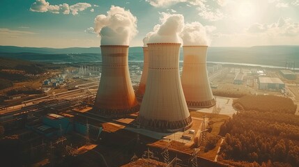 The thermal power plants spew thick and billowing smoke into the sky, creating a sense of danger. Cooling towers showing evaporating water. The concept of industrial activity and pollution.