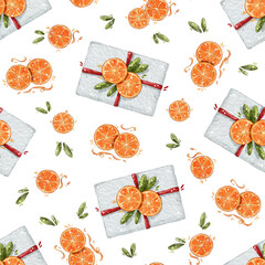 Seamless pattern with fresh orange, half, slice, leaves. Fruits. Ideal for packaging, wrapping paper, wallpaper, textiles, fabric, bedding.