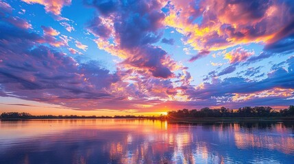 Sunset sky filled with colorful clouds reflecting over a calm lake, vibrant hues, serene nature