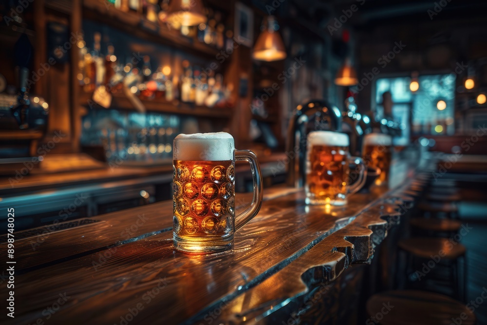 Aufkleber a full beer mug with a white head sits on a rustic wooden bar counter, with two additional mugs out 