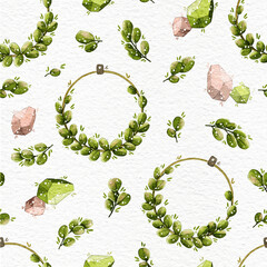 Seamless background with crystals and eucalyptus leaves. Ideal for packaging, wrapping paper, wallpaper, textiles, fabric, bedding.