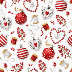 Seamless background with Christmas tree decorations, tapes da branches with red berries. Suitable for packaging, wrapping paper, wallpaper, textiles, fabric, bedding.
