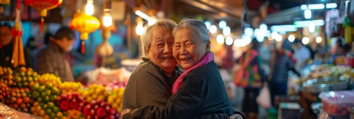 Naklejka premium Two elderly women, smiling brightly, embrace warmly in a bustling market setting. Brightly lit, the scene captures the joy and warmth of their friendship