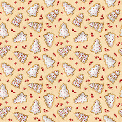 Seamless New Year's pattern on white background. New Year gingerbread in the form of Christmas trees.