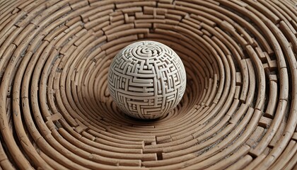 Intricate white spherical sculpture designed as a complex maze, set within a wooden tunnel, Generative AI.