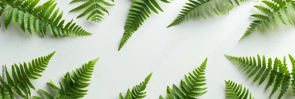 Poster fern leaves arranged around the edge of a white background, creating a frame and highlighting the gr