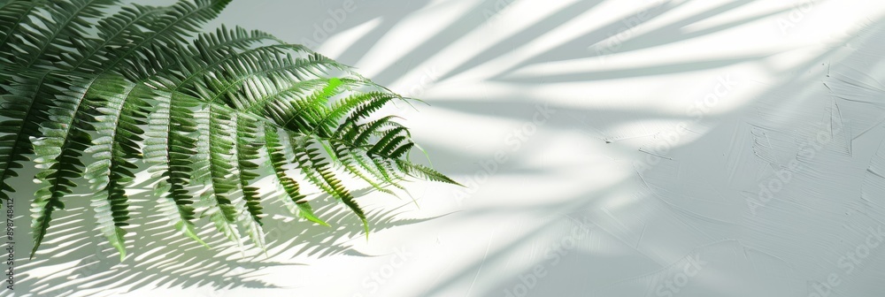 Poster a fern leaf casts a delicate shadow pattern on a smooth white surface, creating an elegant and natur