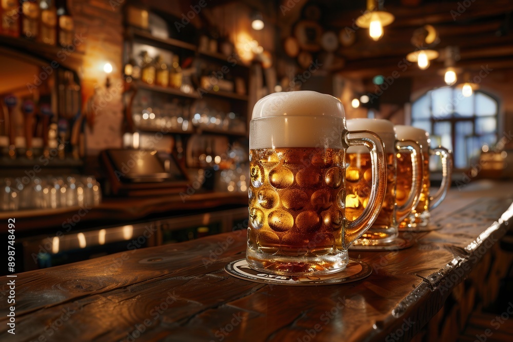 Poster Three full beer mugs with white foam on top are placed on a wooden bar counter in a pub. Generative AI
