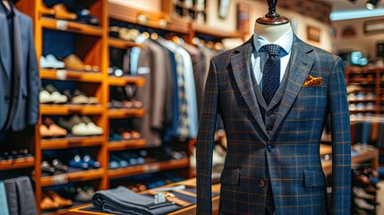Fototapeta premium Mannequin wearing men's suit in store. Assortment of suits hanging on hangers in fashion clothing store. Concept for closet update, sales or shopping. Illustration for advertising.