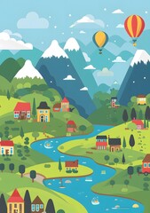 Fototapeta premium Cartoon Mountain Landscape with Houses and River