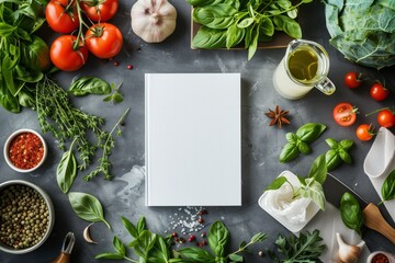 Blank white book cover mockup on a kitchen table surrounded by fresh herbs and food ingredients. AI generative
