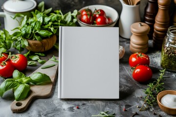 Blank white book cover mockup on a kitchen table surrounded by fresh herbs and food ingredients. AI generative