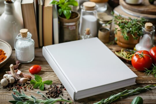 Blank white book cover mockup on a kitchen table surrounded by fresh herbs and food ingredients. AI generative