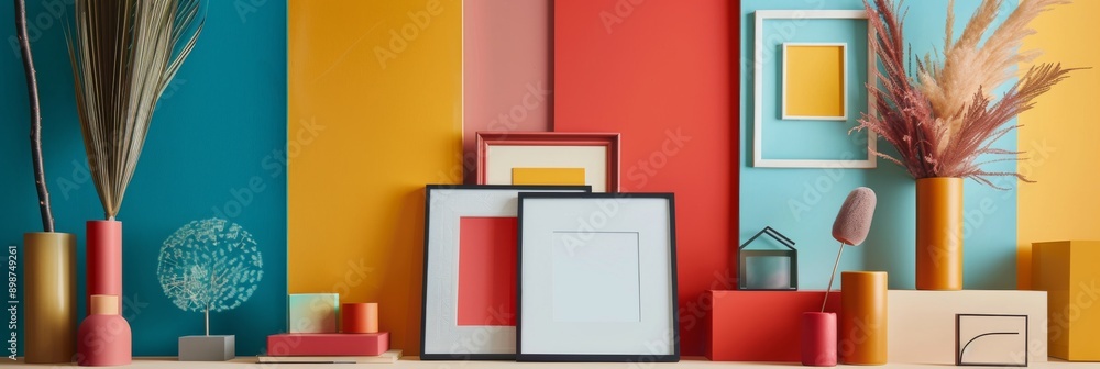 Poster a flatlay showcasing a table with various picture frames and decorative objects set against a bright