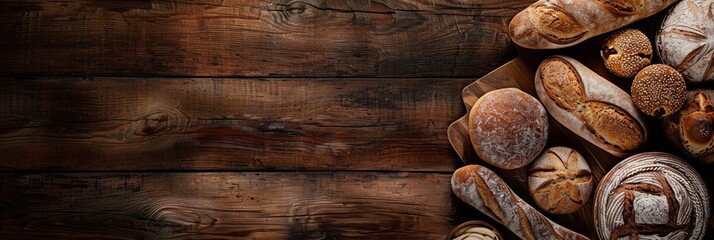 A selection of artisanal bread and pastries arranged on a rustic wooden table, seen from above