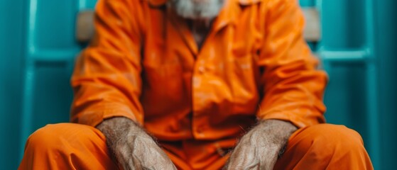 Fototapeta premium A man in an orange jumpsuit sits on a blue chair, his hands in his pockets
