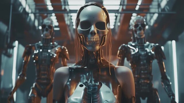 Three terrifying female killer cyborgs or androids with skull heads. Futuristic spaceship or lab interior. Horror sci-fi cinematic footage. 