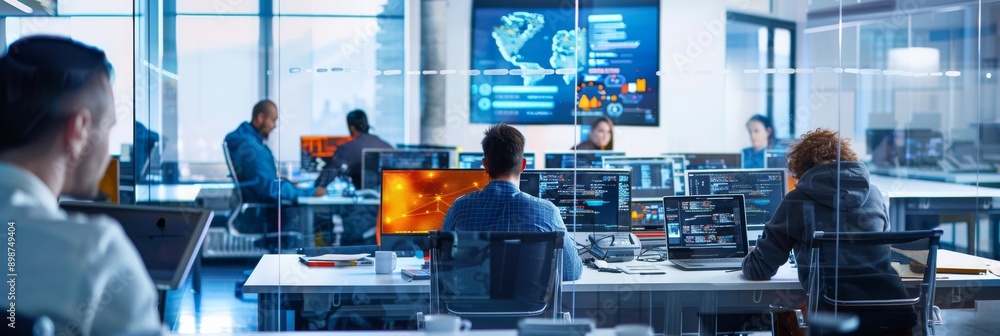 Poster a group of developers work on laptops and computers in a modern, glass-walled office space. a large 