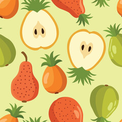 A vibrant pattern featuring various tropical fruits with stylized shapes on a light green background. Perfect for fresh, lively design projects