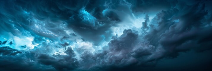 Fototapeta premium A wide angle photograph of a dark sky filled with dramatic thunderstorm clouds, illuminated by flashes of lightning