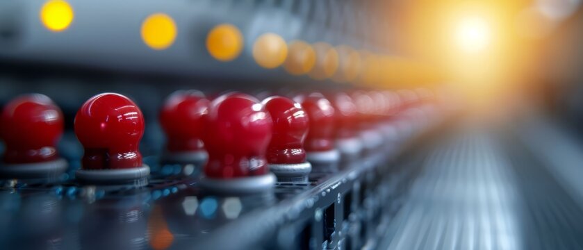  A red row of knobs sits atop a metal shelf, facing a yellow-white light
