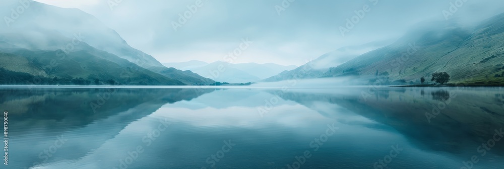 Poster a wide-angle view of a calm lake surrounded by misty mountains under a soft overcast sky. the mounta