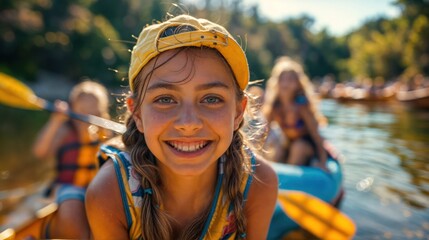 Children Enjoying Kayaking Adventures at Summer Camp by the River