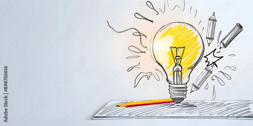 Poster abstract light bulb pencil sketch on white background with mock up place. idea and innovate concept.