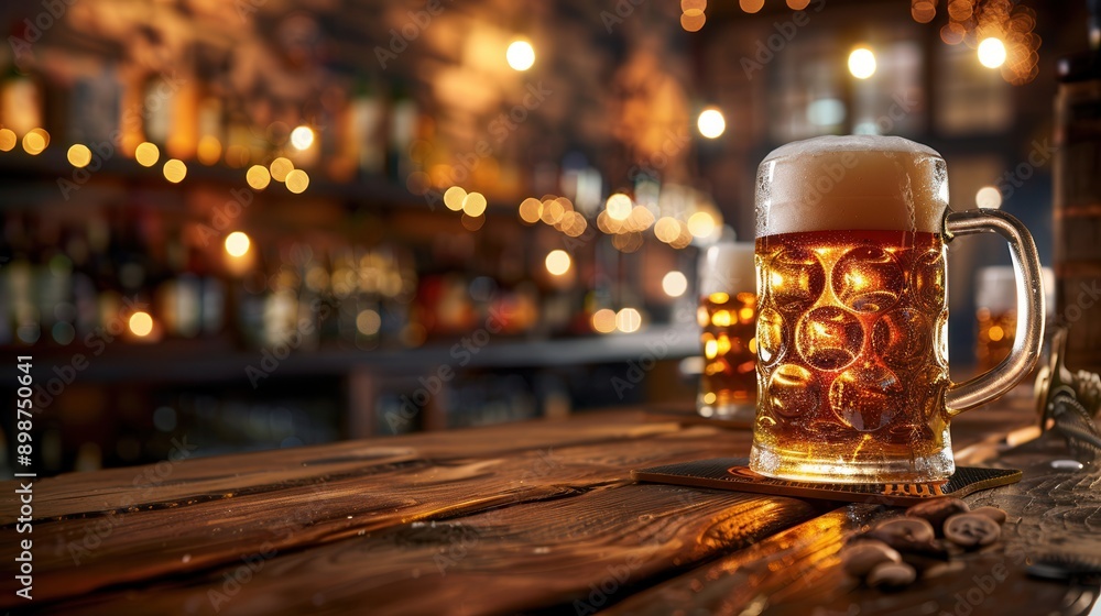 Poster a glass of beer with a thick head of foam sits on a rustic wooden bar counter. generative ai