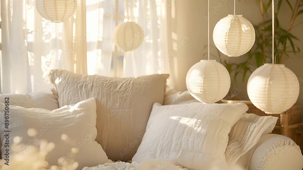 Poster a cozy corner for quiet reflection adorned with soft neutral tones and delicate paper lanterns hangi