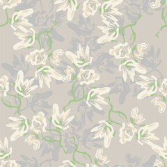 Elegance pink floral stems seamless pattern on a grey background. Vector hand drawn. Artistic, abstract flowers and tiny leaves, buds bells printing. Template for designs, fabric, fashion, textile
