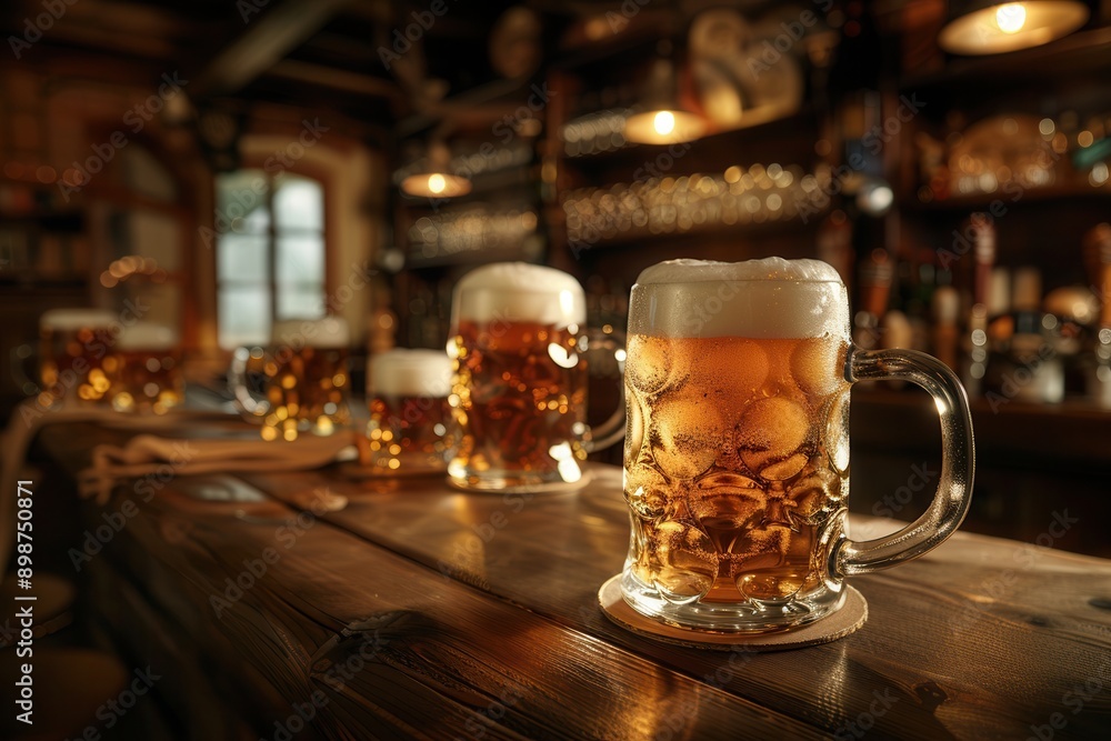 Aufkleber a row of full beer mugs with white foam sit on a wooden bar counter in a dimly lit pub. generative a