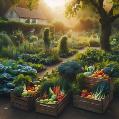 frisch geerntetes Obst und Gemüse bunt in Kisten und Körben in einem rustikalen Bauern Garten im Licht warmer Sonnenstrahlen sommerlich reiche Ernte gesund köstlich stimmungsvoll Bio- Öko- Zutaten