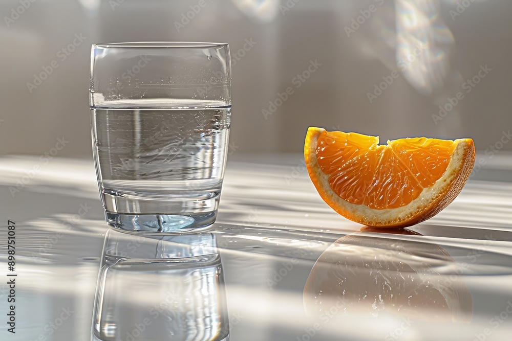 Poster a minimalist glass of water with an orange slice emphasizing simplicity and refreshment